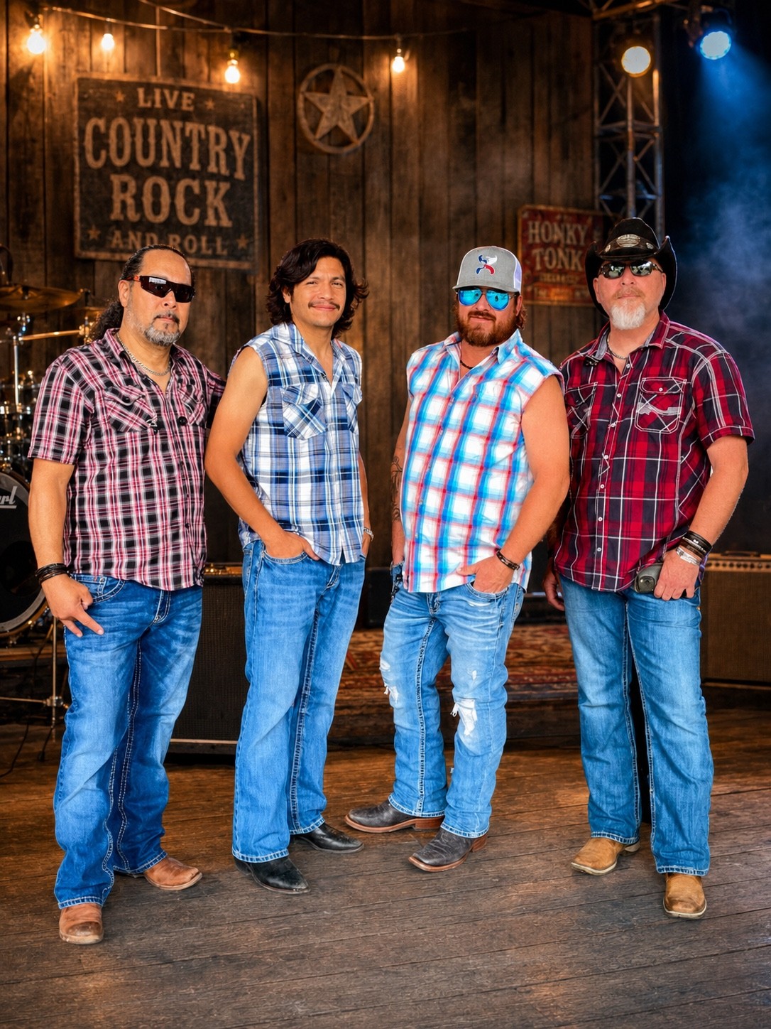 The four members of Back Roads together on a wooden stage