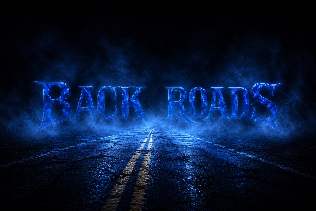 Back Roads logo above a highway surrounded by blue fog